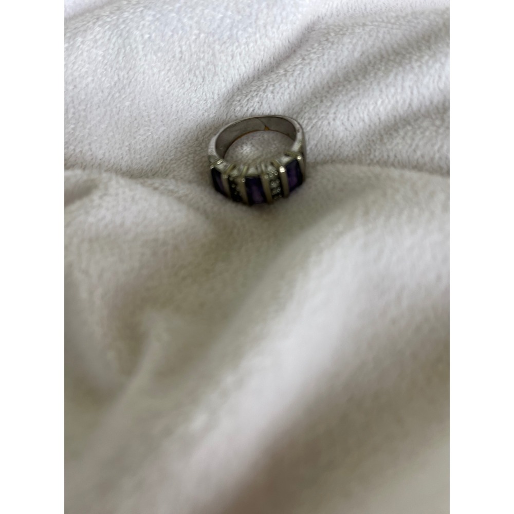 925 Sterling Silver Purple Amethyst Baguette Clear Accent Wide‎ Band Ring Size 6